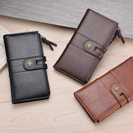 Black Men's Vintage PU Leather Long Wallet - High Capacity Dual Zipper Clutch with Phone & Card Slots.