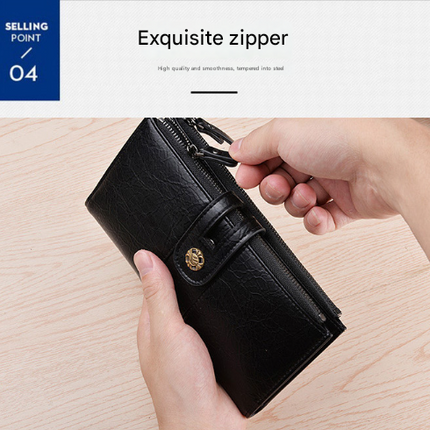 Black Men's Vintage PU Leather Long Wallet - High Capacity Dual Zipper Clutch with Phone & Card Slots.