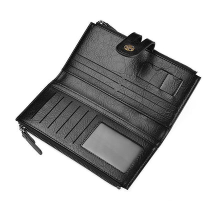 Black Men's Vintage PU Leather Long Wallet - High Capacity Dual Zipper Clutch with Phone & Card Slots.