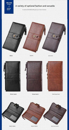 Brown Men's Vintage PU Leather Long Wallet - High Capacity Dual Zipper Clutch with Phone & Card Slots.