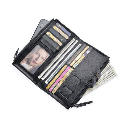 Brown Men's Vintage PU Leather Long Wallet - High Capacity Dual Zipper Clutch with Phone & Card Slots.