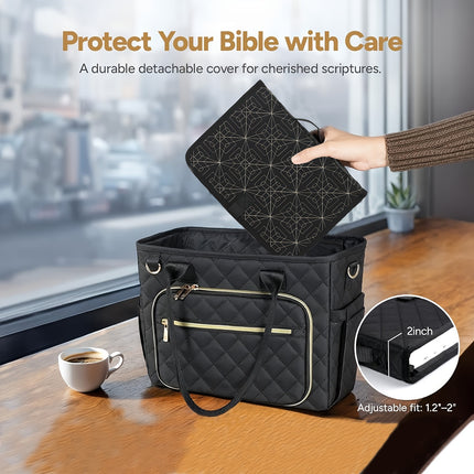 Beige Elegant Quilted Bible Cover - Protective Book Case with Carry Handle.