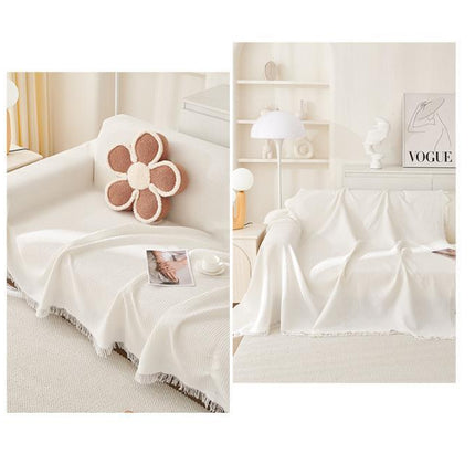 Black and white Ball Pattern Soft Waffle Weave Throw Blanket - Boho Style Cotton Blend Sofa Cover with Fringe 180x180cm.