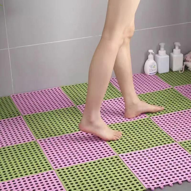 Green And Pink DIY Interlocking Non-Slip Floor Tiles - 18-Pack PVC Drainage Mat for Shower & Bathroom Safety.