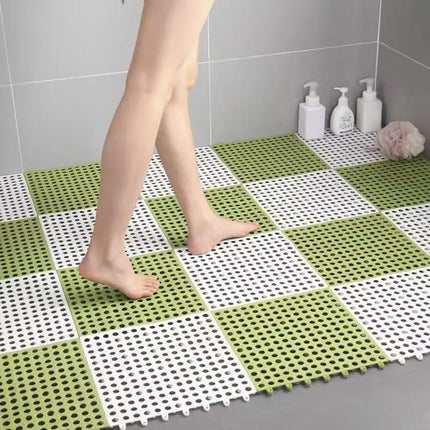 White And Green DIY Interlocking Non-Slip Floor Tiles - 12-Pack PVC Drainage Mat for Shower & Bathroom Safety.