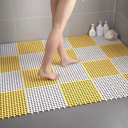 White And Yellow DIY Interlocking Non-Slip Floor Tiles - 12-Pack PVC Drainage Mat for Shower & Bathroom Safety.
