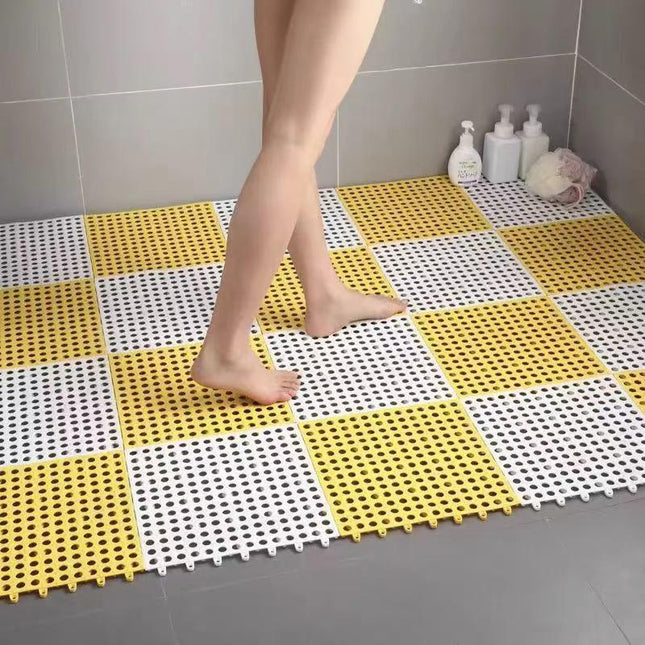 White And Yellow DIY Interlocking Non-Slip Floor Tiles - 12-Pack PVC Drainage Mat for Shower & Bathroom Safety.