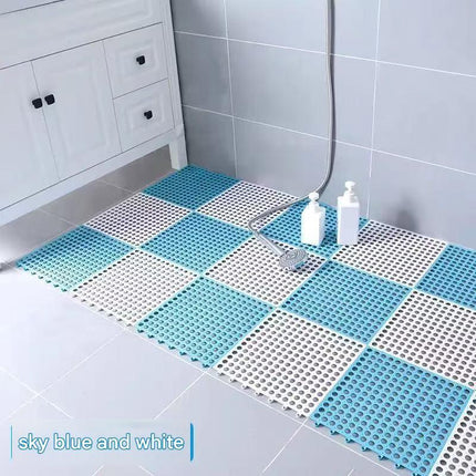 Sky Blue And White DIY Interlocking Non-Slip Floor Tiles - 12-Pack PVC Drainage Mat for Shower & Bathroom Safety.