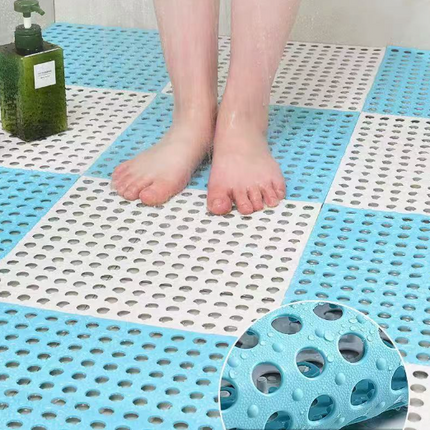 Sky Blue And White DIY Interlocking Non-Slip Floor Tiles - 12-Pack PVC Drainage Mat for Shower & Bathroom Safety.