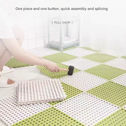 Sky Blue And White DIY Interlocking Non-Slip Floor Tiles - 12-Pack PVC Drainage Mat for Shower & Bathroom Safety.