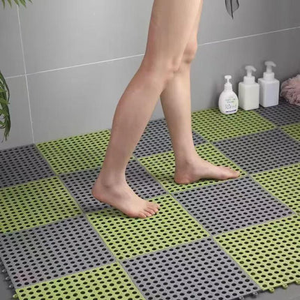 Grey And Green DIY Interlocking Non-Slip Floor Tiles - 12-Pack PVC Drainage Mat for Shower & Bathroom Safety.