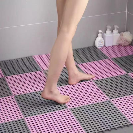 Grey And Pink DIY Interlocking Non-Slip Floor Tiles - 12-Pack PVC Drainage Mat for Shower & Bathroom Safety.
