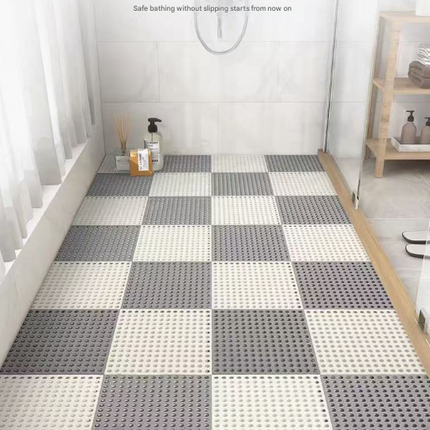 Grey And Pink DIY Interlocking Non-Slip Floor Tiles - 12-Pack PVC Drainage Mat for Shower & Bathroom Safety.