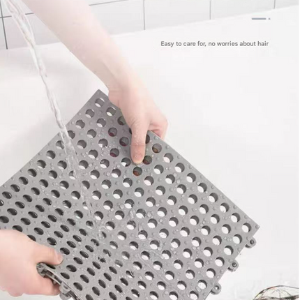 Grey And Pink DIY Interlocking Non-Slip Floor Tiles - 12-Pack PVC Drainage Mat for Shower & Bathroom Safety.