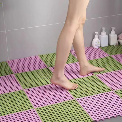 Green And Pink DIY Interlocking Non-Slip Floor Tiles - 12-Pack PVC Drainage Mat for Shower & Bathroom Safety.