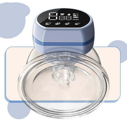 Blue Hands-Free Wearable Electric Breast Pump - Portable, Quiet & Rechargeable with LED Display.