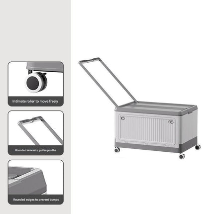 Size S Grey Collapsible Storage Box with Wheels and Telescopic Handle - Stackable Folding Crate for Car & Home.