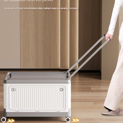 Size S Grey Collapsible Storage Box with Wheels and Telescopic Handle - Stackable Folding Crate for Car & Home.