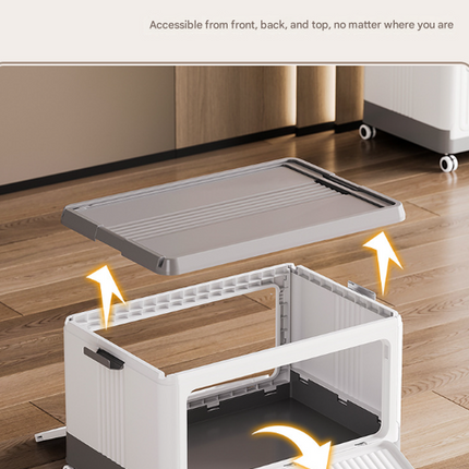 Size S Grey Collapsible Storage Box with Wheels and Telescopic Handle - Stackable Folding Crate for Car & Home.