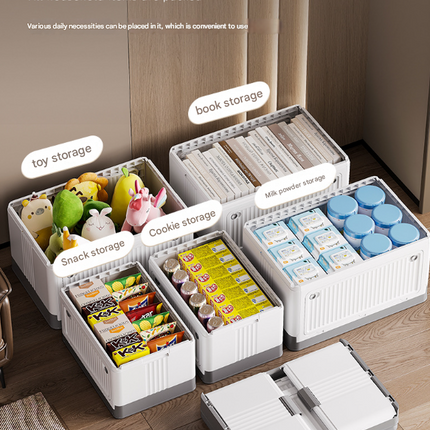 Size S Grey Collapsible Storage Box with Wheels and Telescopic Handle - Stackable Folding Crate for Car & Home.
