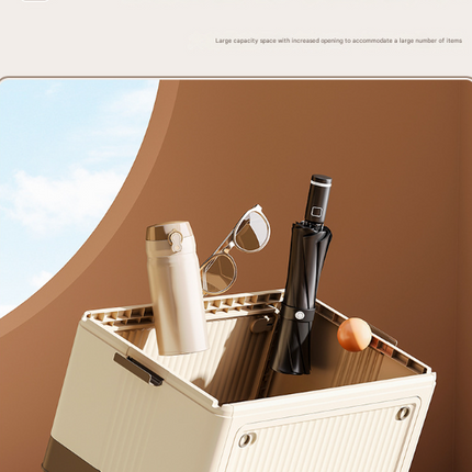 Size S Grey Collapsible Storage Box with Wheels and Telescopic Handle - Stackable Folding Crate for Car & Home.