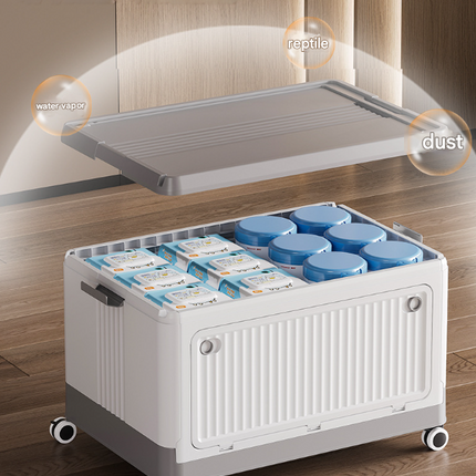 Size S Grey Collapsible Storage Box with Wheels and Telescopic Handle - Stackable Folding Crate for Car & Home.