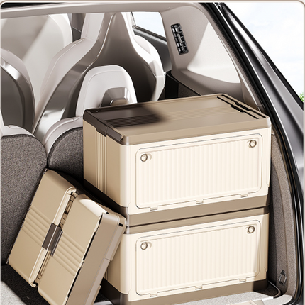 Size S Grey Collapsible Storage Box with Wheels and Telescopic Handle - Stackable Folding Crate for Car & Home.