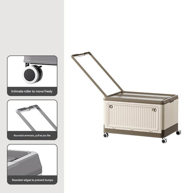 Size L Brown Collapsible Storage Box with Wheels and Telescopic Handle - Stackable Folding Crate for Car & Home.