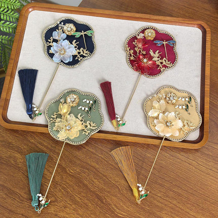 Red Exquisite Chinese Palace Style Mini Fan - Handheld Decorative Prop with Tassel for Photoshoots.