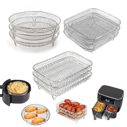 Silver 3-Pack Stackable Air fryer Racks - Food Grade Stainless Steel Multi-Layer Dehydrator & Crisper Tray Accessory.