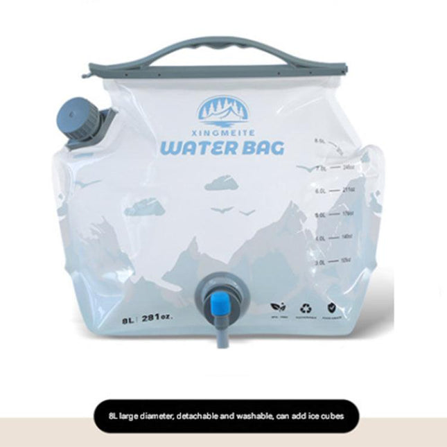 1 Piece Grey 8L Foldable Water Bag - Large Capacity Portable Water Carrier with Spigot for Camping & Outdoors.