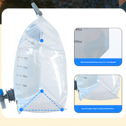 1 Piece Grey 8L Foldable Water Bag - Large Capacity Portable Water Carrier with Spigot for Camping & Outdoors.