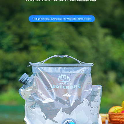 2 Pcs Grey 8L Foldable Water Bag - Large Capacity Portable Water Carrier with Spigot for Camping & Outdoors.
