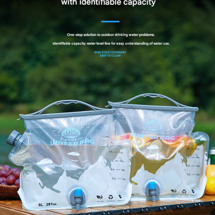 2 Pcs Grey 8L Foldable Water Bag - Large Capacity Portable Water Carrier with Spigot for Camping & Outdoors.
