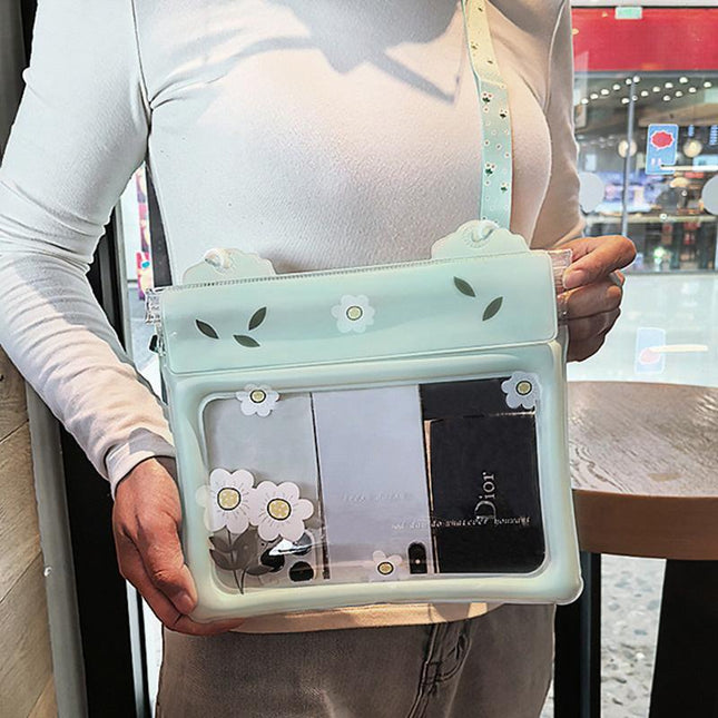 2 Pcs White Flower Pattern On Light Green background Cute Floating Waterproof Pouch - Touch-Sensitive Screen & Adjustable Strap.