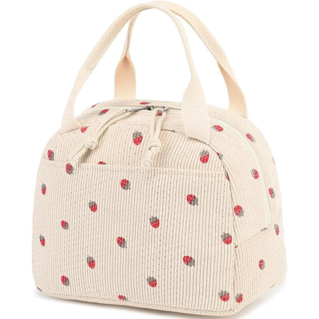 Beige Strawberry Pattern Corduroy Lunch Bag - Insulated Thermal Cooler Tote for School Work and Picnics.