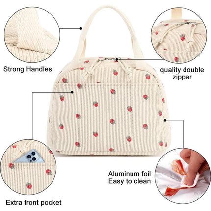 Beige Strawberry Pattern Corduroy Lunch Bag - Insulated Thermal Cooler Tote for School Work and Picnics.