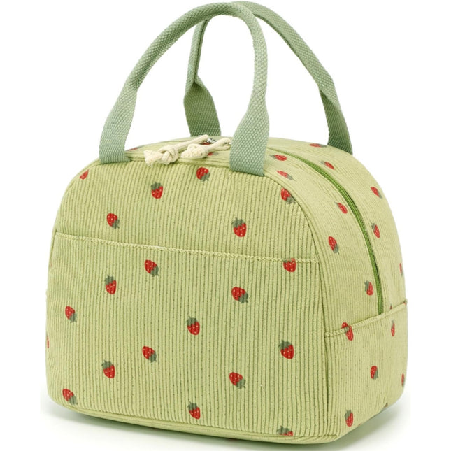 Green Strawberry Pattern Corduroy Lunch Bag - Insulated Thermal Cooler Tote for School Work and Picnics.