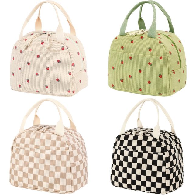 Pink Strawberry Pattern Corduroy Lunch Bag - Insulated Thermal Cooler Tote for School Work and Picnics.