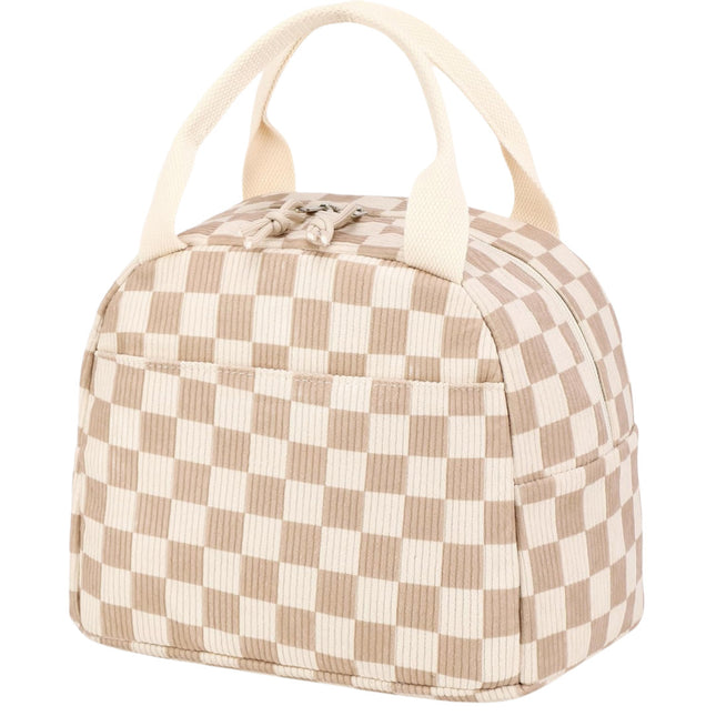 Beige Checkered Pattern Corduroy Lunch Bag - Insulated Thermal Cooler Tote for School Work and Picnics.