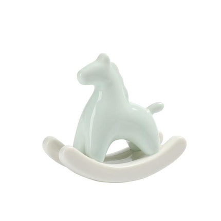 Light Green Modern Ceramic Rocking Horse Ornament - Cute Porcelain Figurine for Desk & Shelf Decor.