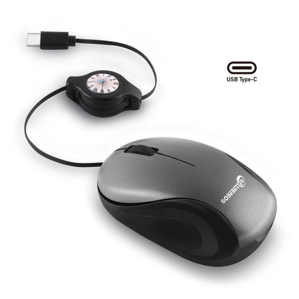 Grey and Black Portable Mini USB-C Mouse with Retractable Cable - Silent Click Travel Mouse for Laptop, MacBook, Tablet.