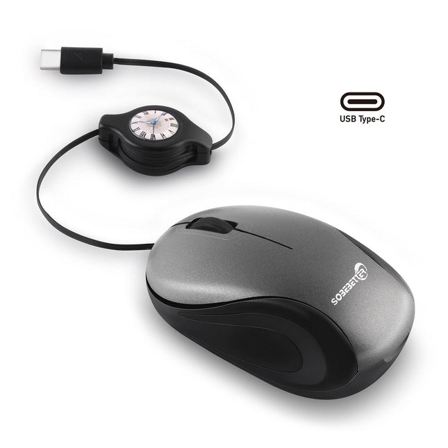 Grey and Black Portable Mini USB-C Mouse with Retractable Cable - Silent Click Travel Mouse for Laptop, MacBook, Tablet.