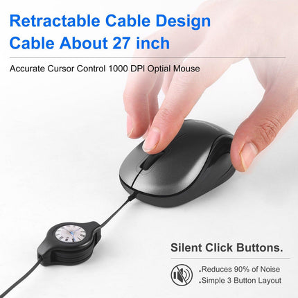 Grey and Black Portable Mini USB-C Mouse with Retractable Cable - Silent Click Travel Mouse for Laptop, MacBook, Tablet.