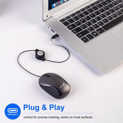 Grey and Black Portable Mini USB-C Mouse with Retractable Cable - Silent Click Travel Mouse for Laptop, MacBook, Tablet.