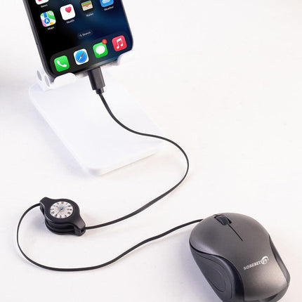 Grey and Black Portable Mini USB-C Mouse with Retractable Cable - Silent Click Travel Mouse for Laptop, MacBook, Tablet.