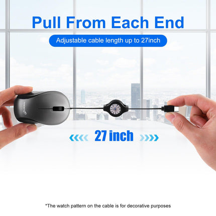Blue and Black Portable Mini USB-C Mouse with Retractable Cable - Silent Click Travel Mouse for Laptop, MacBook, Tablet.