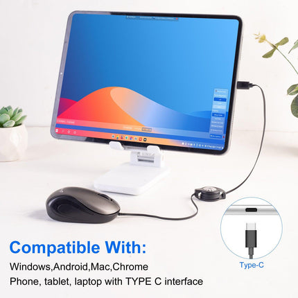 Blue and Black Portable Mini USB-C Mouse with Retractable Cable - Silent Click Travel Mouse for Laptop, MacBook, Tablet.