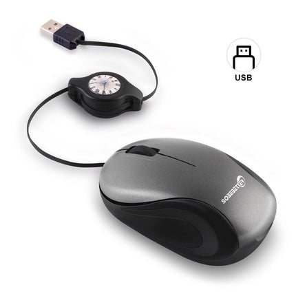 Grey and Black Portable Mini USB Mouse with Retractable Cable - Compact Travel Mouse for PC and Laptop.