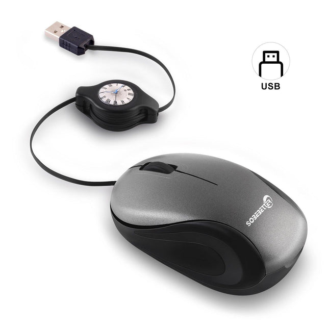Grey and Black Portable Mini USB Mouse with Retractable Cable - Compact Travel Mouse for PC and Laptop.